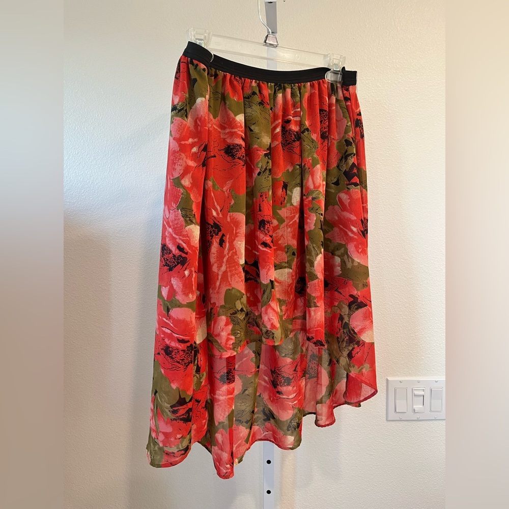Floral Chiffon Highlow Skirt - Red and Green